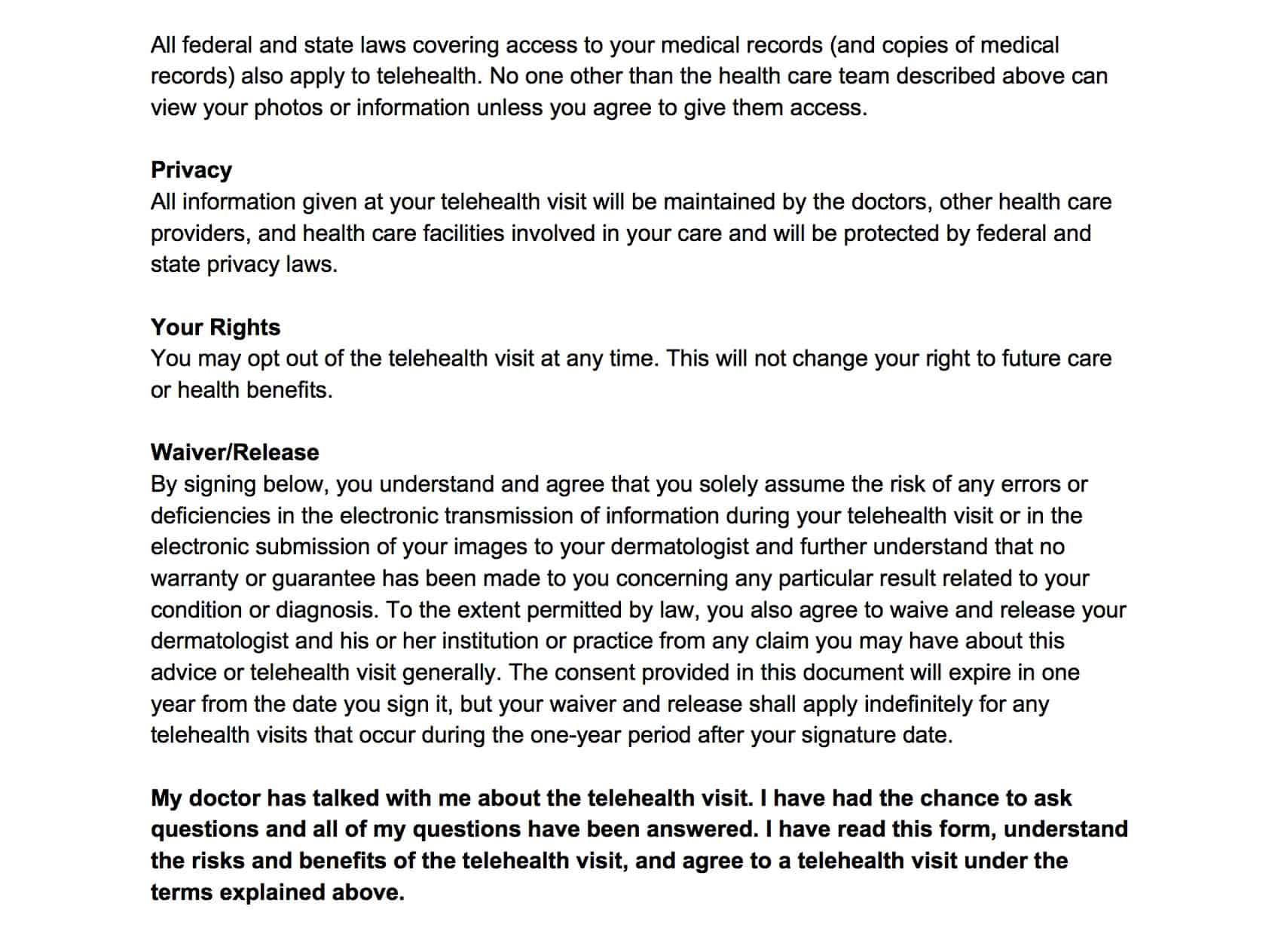 Text second part: Consent to Telehealth Visit