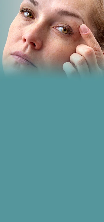 Sagging Brows Treatment: Woman lifting brow area to show signs of brow drooping Sagging Brows Treatment in Montgomery County & Bucks County  Banner